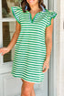 Preppy Stripe Contrast Collar Split Neck Flutter Sleeve T Shirt Dress